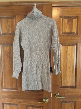 Lulu's Taupe Cable-Knit Turtleneck Mini Sweater Dress